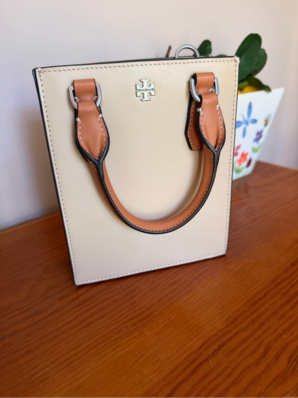 Tory Burch Two-Tone Cream and Tan Mini Tote with Gold Logo